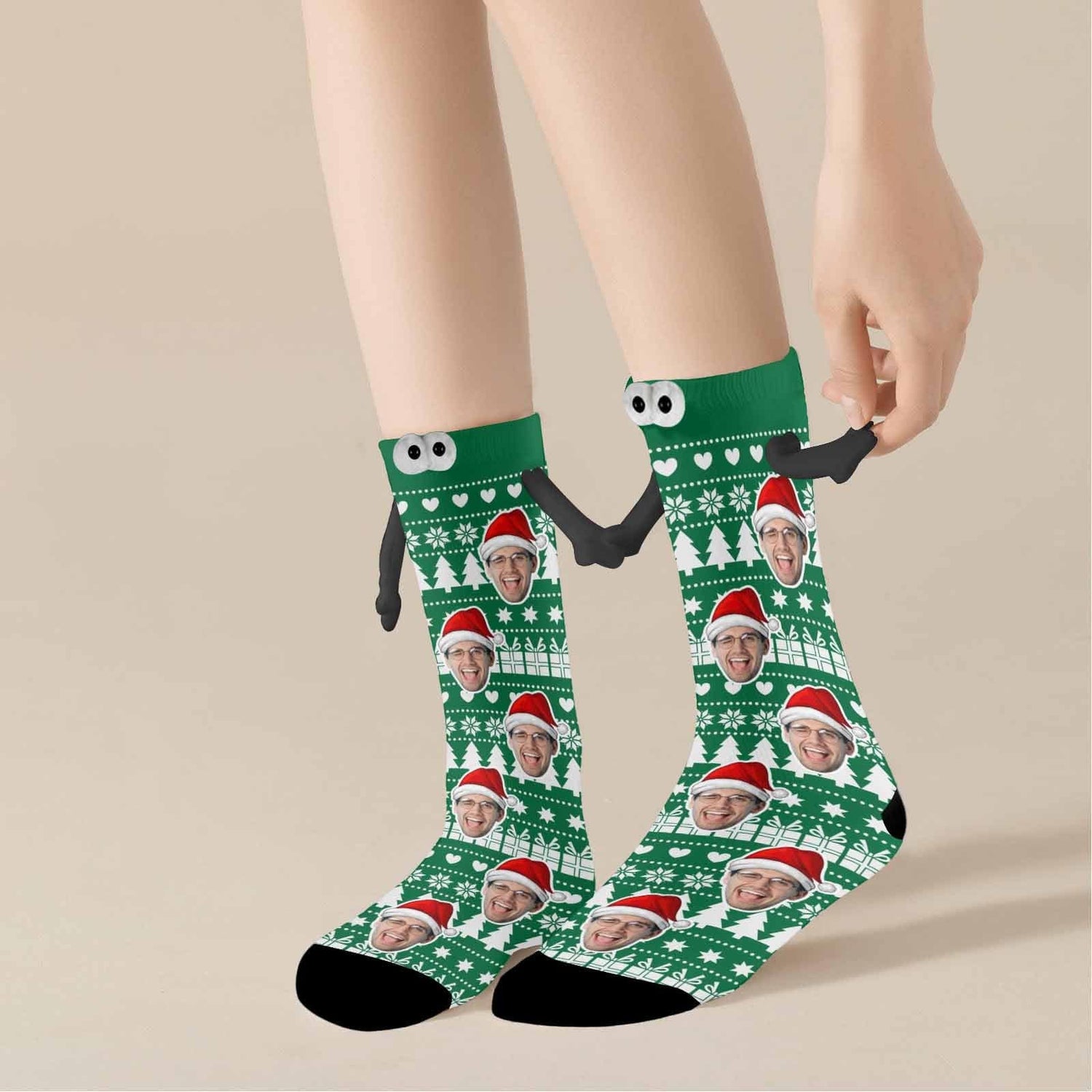 Custom Face Christmas Tree Green Magnetic Holding Hands Socks Suction Funny Big Eye Socks