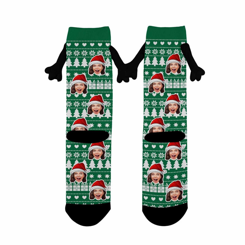 Custom Face Christmas Tree Green Magnetic Holding Hands Socks Suction Funny Big Eye Socks