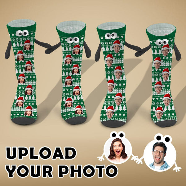 Custom Face Christmas Tree Green Magnetic Holding Hands Socks Suction Funny Big Eye Socks