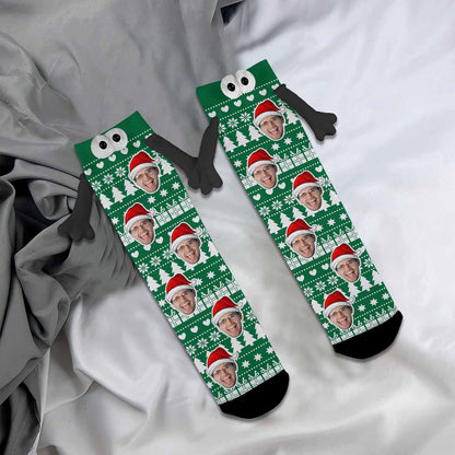 Custom Face Christmas Tree Green Magnetic Holding Hands Socks Suction Funny Big Eye Socks