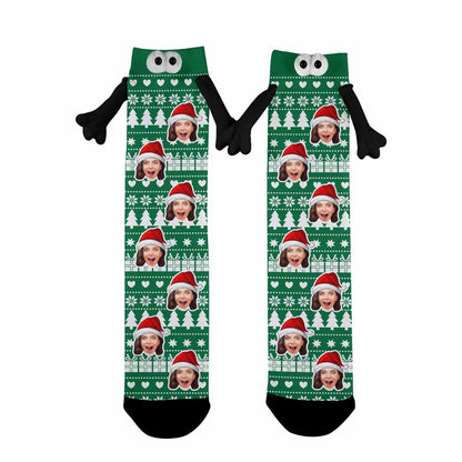 Custom Face Christmas Tree Green Magnetic Holding Hands Socks Suction Funny Big Eye Socks