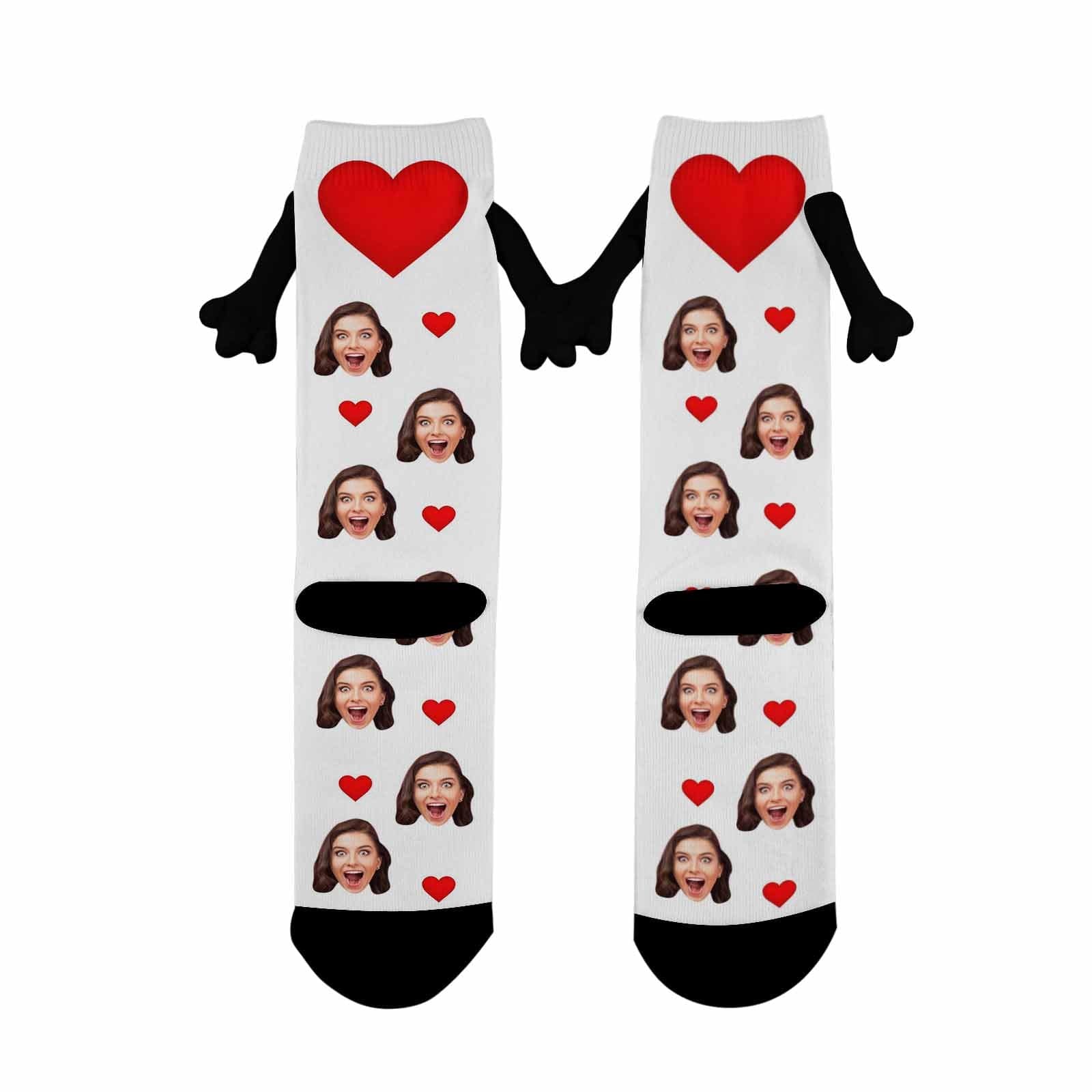 Custom Face Love Heart Black&amp;White Magnetic Holding Hands Socks Suction Funny Big Eye Socks