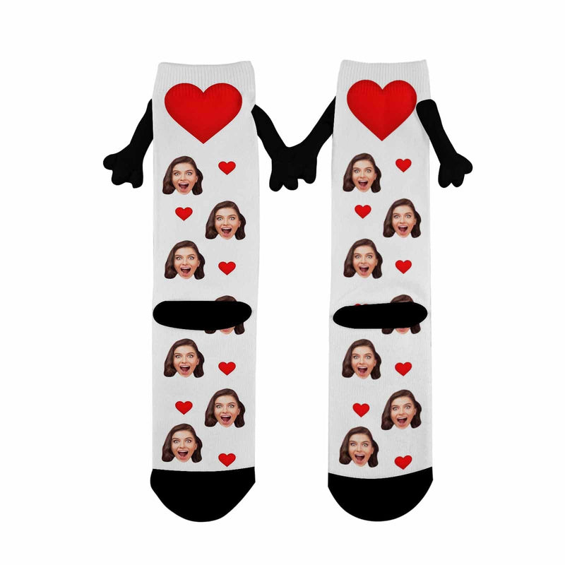 Custom Face Love Heart Black&White Magnetic Holding Hands Socks Suction Funny Big Eye Socks