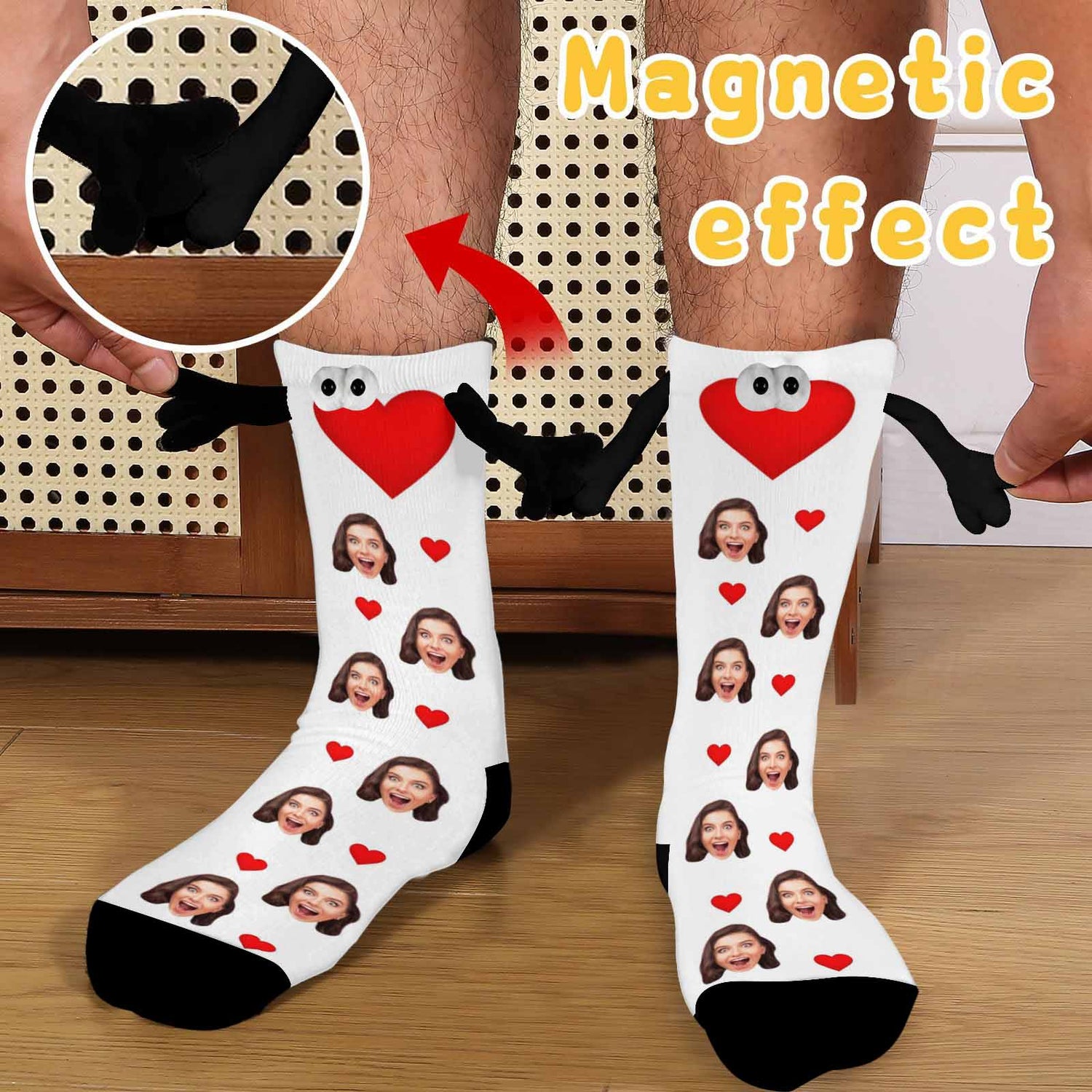 Custom Face Love Heart Black&amp;White Magnetic Holding Hands Socks Suction Funny Big Eye Socks