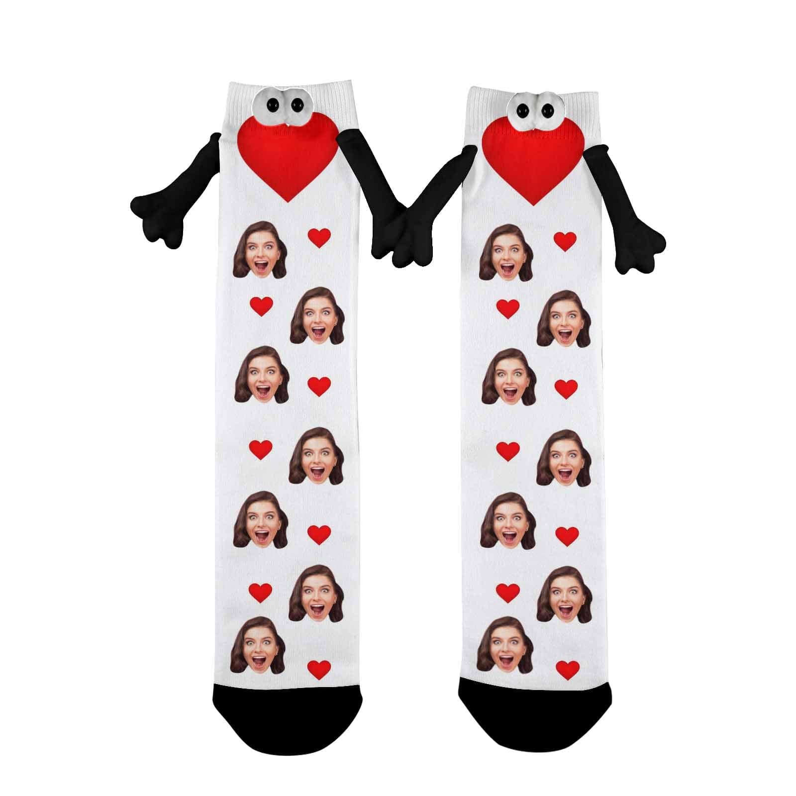 Custom Face Love Heart Black&amp;White Magnetic Holding Hands Socks Suction Funny Big Eye Socks