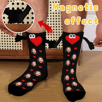 Custom Face Love Heart Black&amp;White Magnetic Holding Hands Socks Suction Funny Big Eye Socks