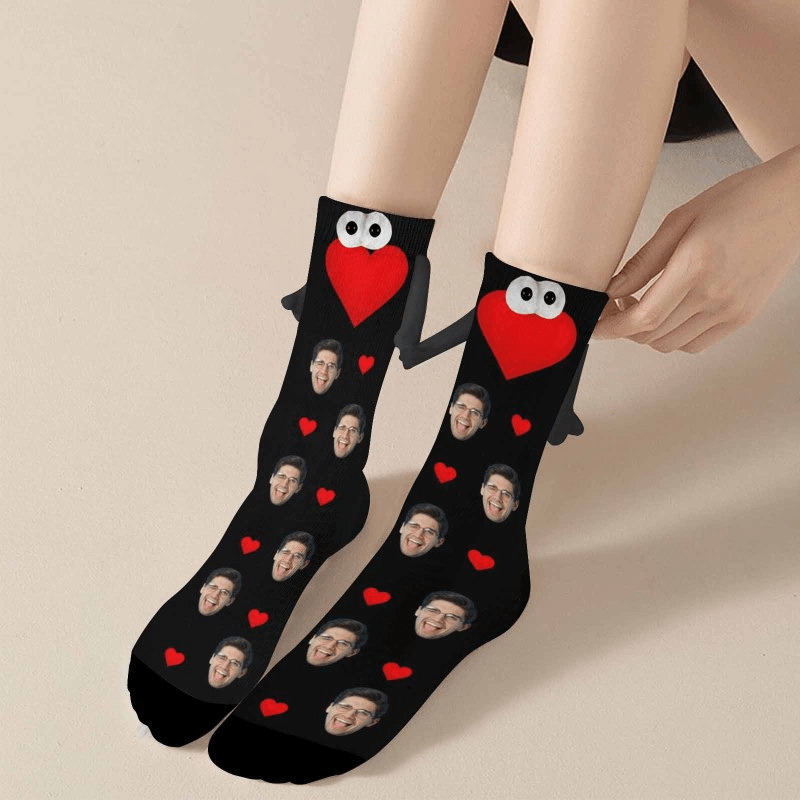 Custom Face Love Heart Black&amp;White Magnetic Holding Hands Socks Suction Funny Big Eye Socks