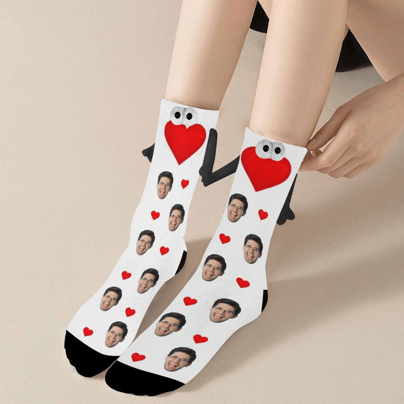 Custom Face Love Heart Black&amp;White Magnetic Holding Hands Socks Suction Funny Big Eye Socks