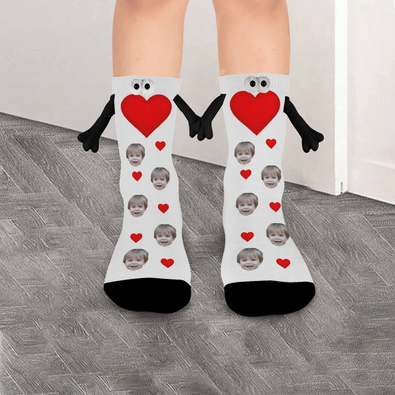 Custom Face Love Heart Black&amp;White Magnetic Holding Hands Socks Suction Funny Big Eye Socks