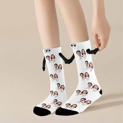 Custom Face Love Heart Magnetic Holding Hands Socks Suction Funny Big Eye Socks Couple Valentine&