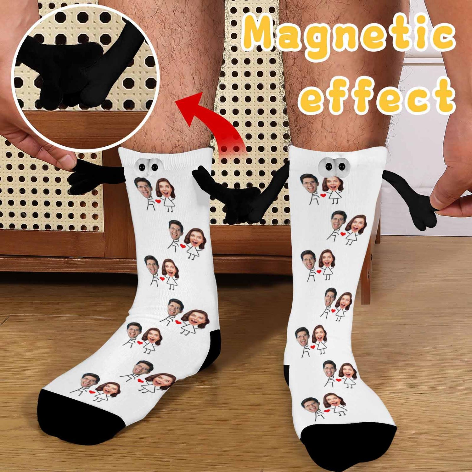 Custom Face Love Heart Magnetic Holding Hands Socks Suction Funny Big Eye Socks Couple Valentine&