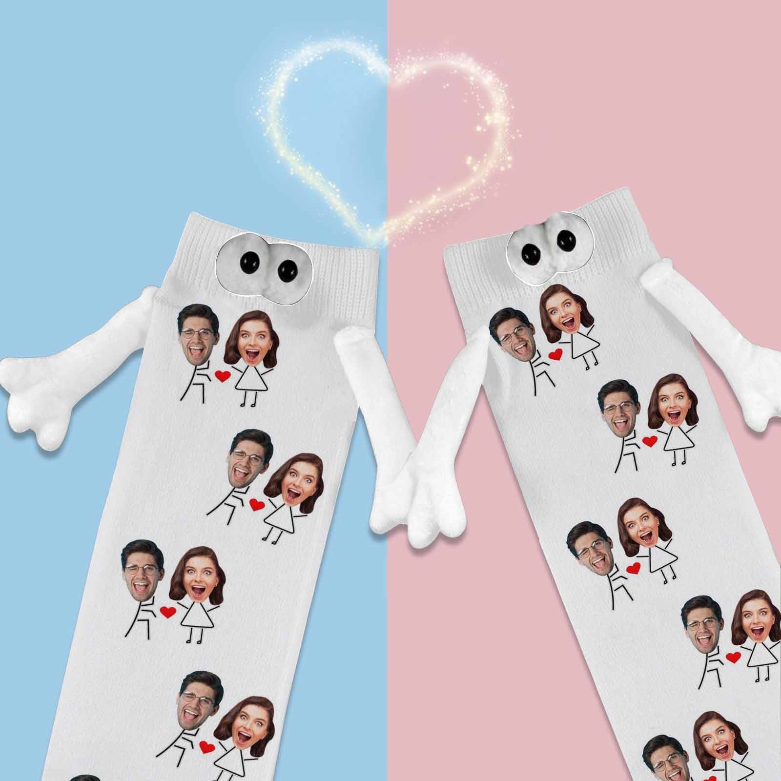 Custom Face Love Heart Magnetic Holding Hands Socks Suction Funny Big Eye Socks Couple Valentine&