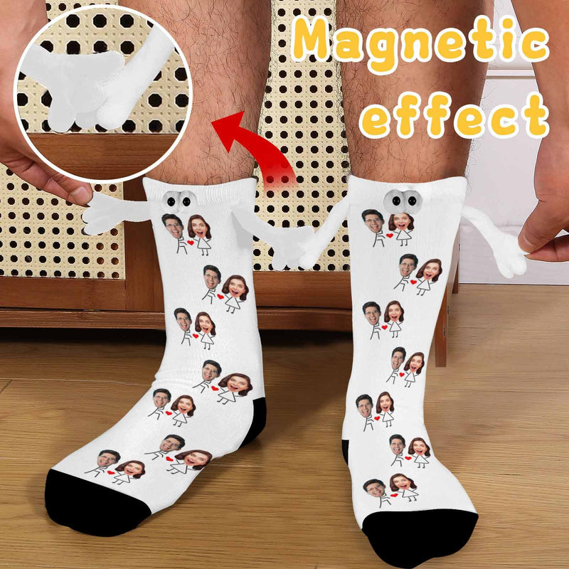 Custom Face Love Heart Magnetic Holding Hands Socks Suction Funny Big Eye Socks Couple Valentine's Day Gift