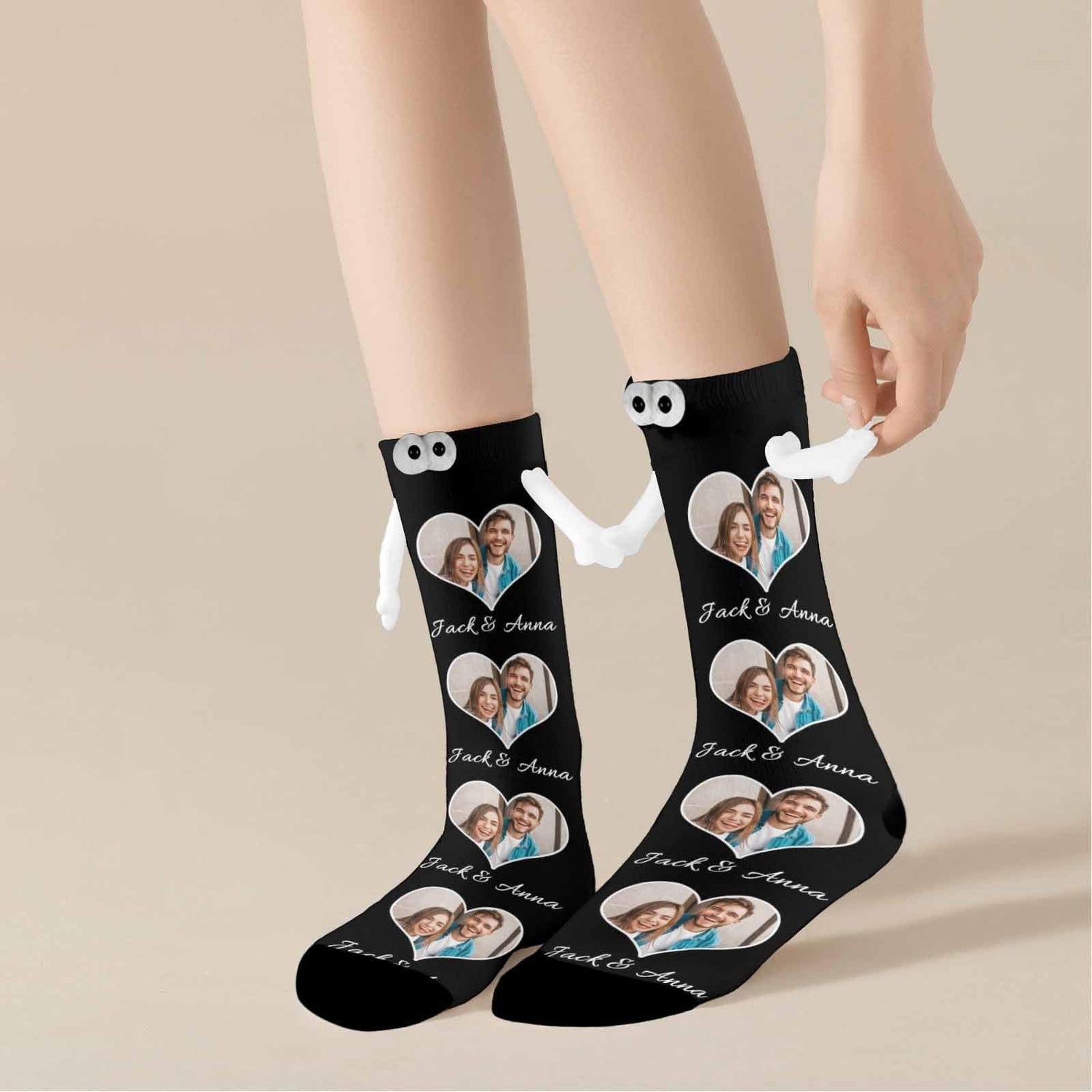 Custom Photo&amp;Name Magnetic Holding Hands Socks Suction Funny Big Eye Socks Couple Valentine&