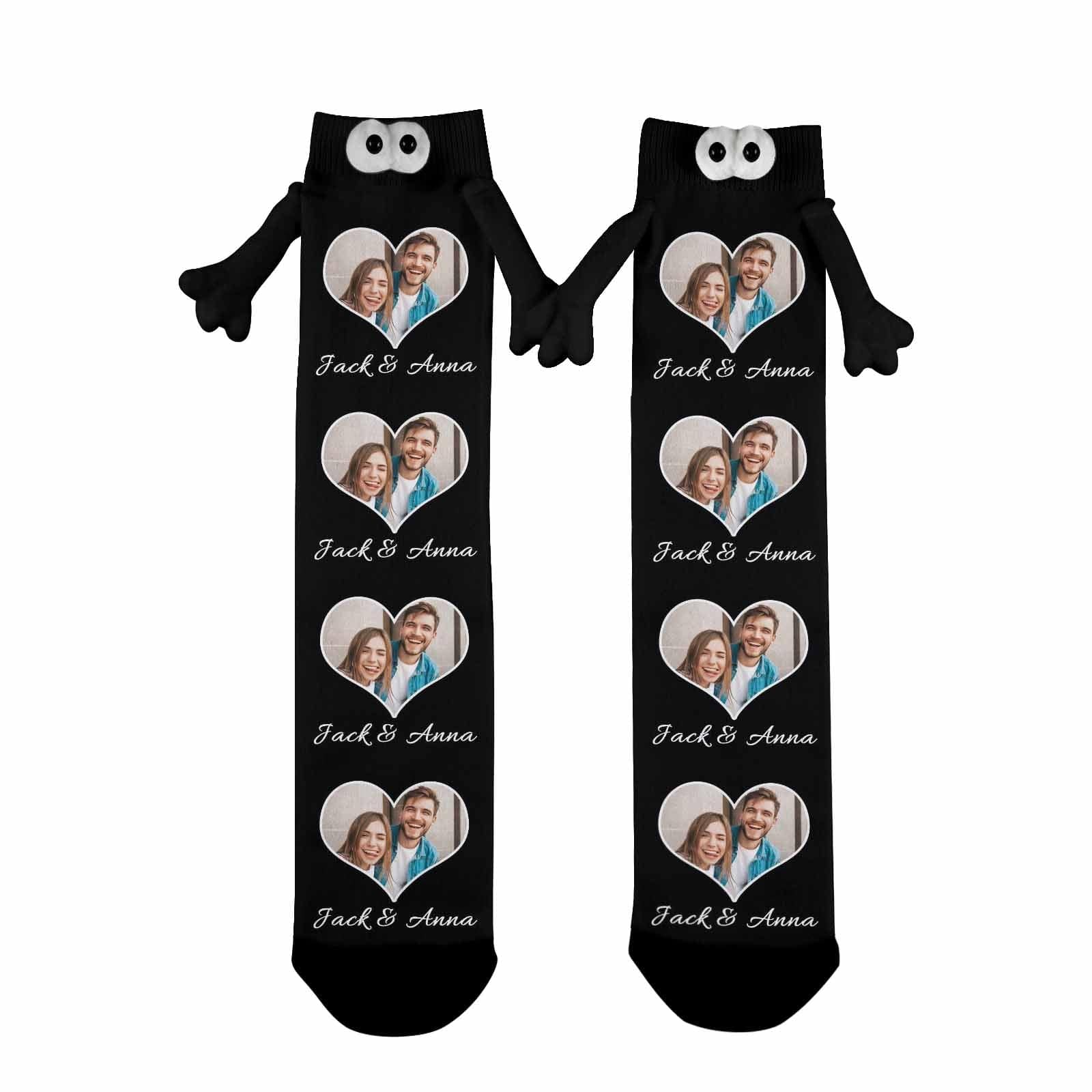 Custom Photo&amp;Name Magnetic Holding Hands Socks Suction Funny Big Eye Socks Couple Valentine&