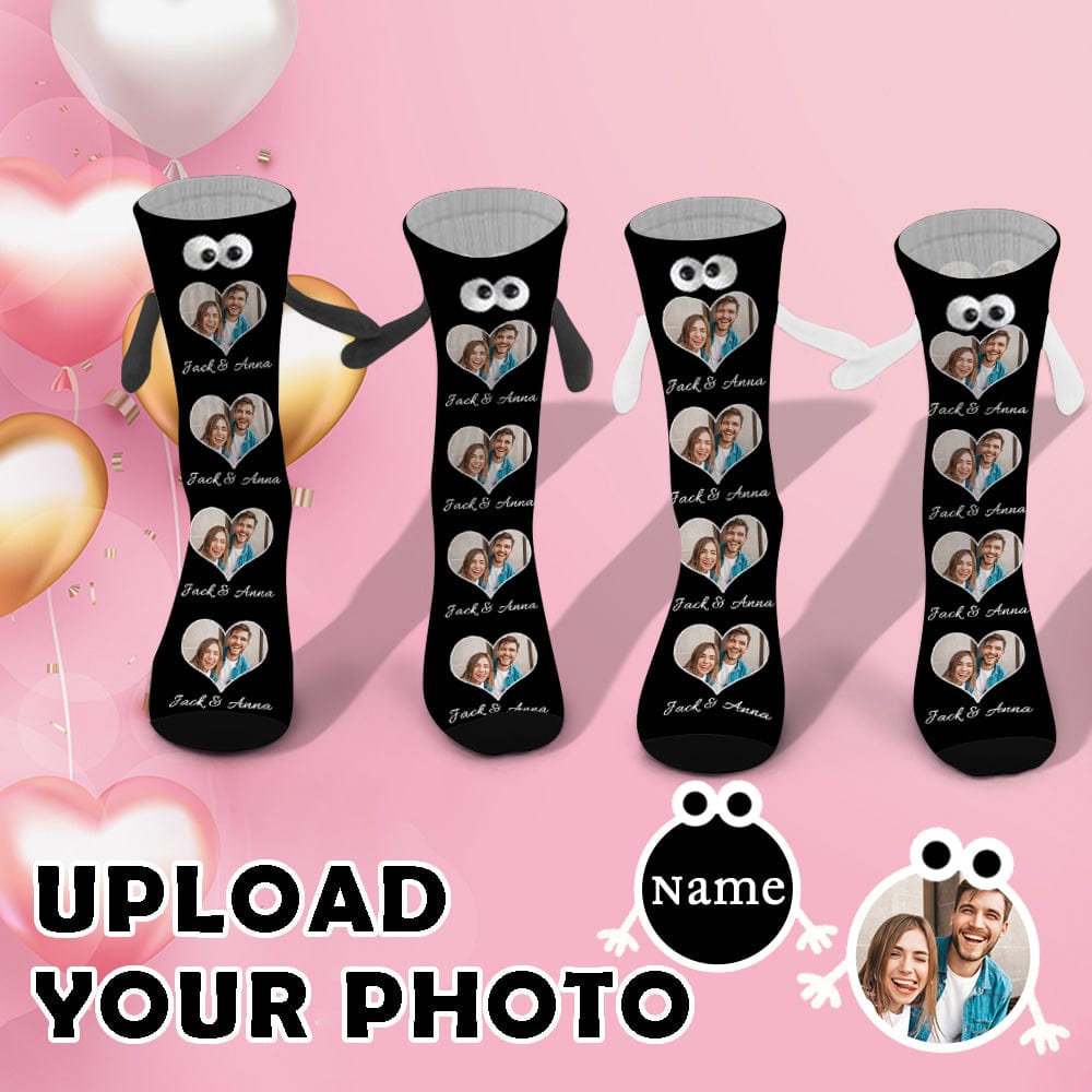 Custom Photo&amp;Name Magnetic Holding Hands Socks Suction Funny Big Eye Socks Couple Valentine&