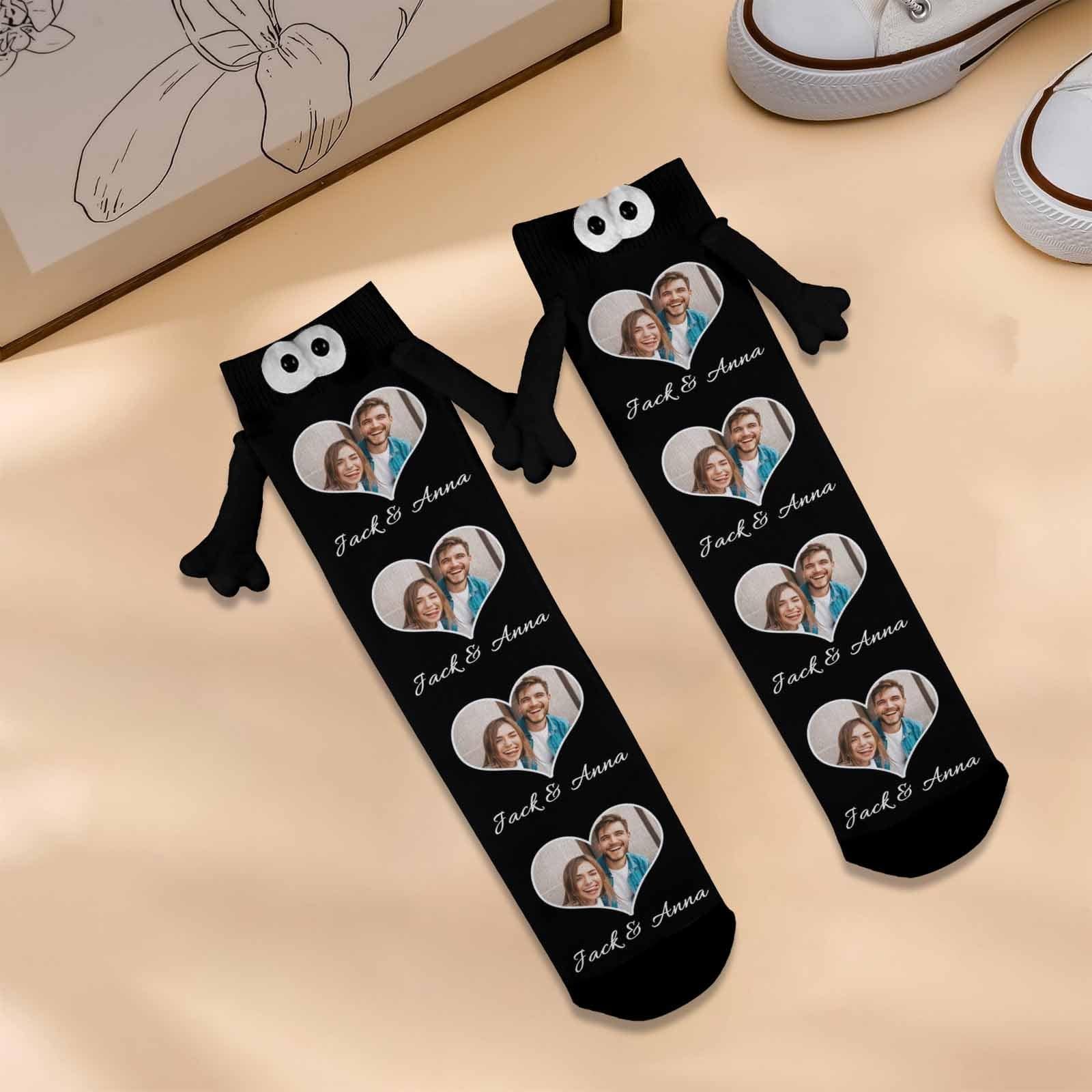 Custom Photo&amp;Name Magnetic Holding Hands Socks Suction Funny Big Eye Socks Couple Valentine&