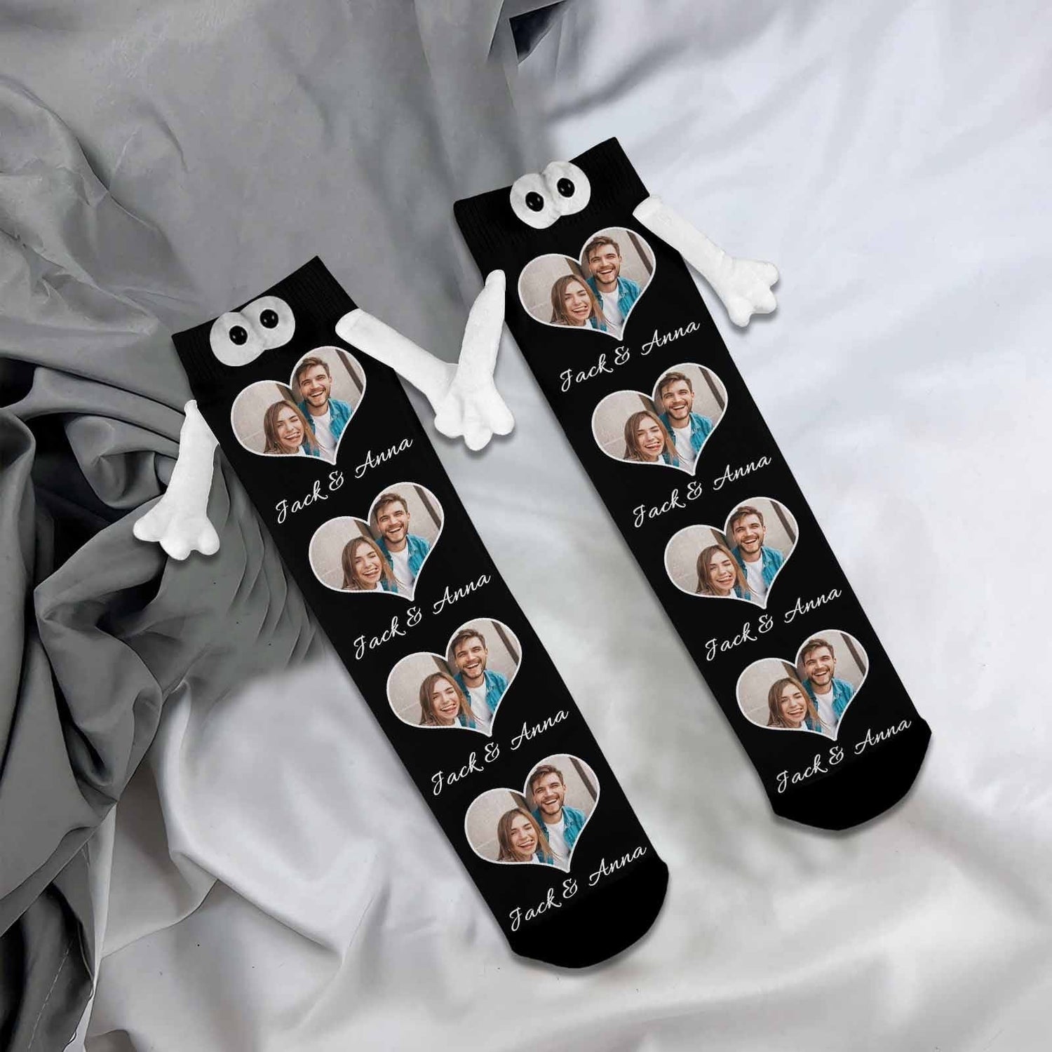 Custom Photo&amp;Name Magnetic Holding Hands Socks Suction Funny Big Eye Socks Couple Valentine&