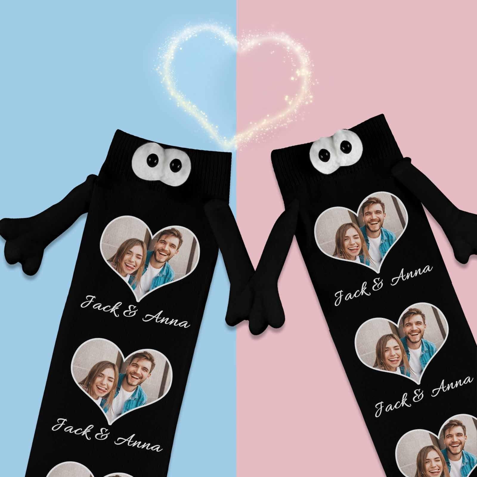 Custom Photo&amp;Name Magnetic Holding Hands Socks Suction Funny Big Eye Socks Couple Valentine&