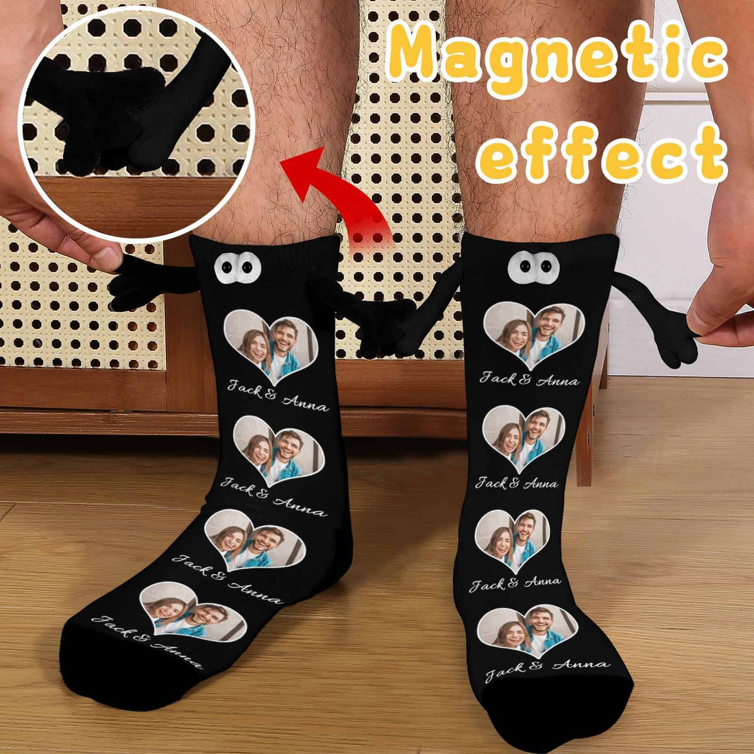 Custom Photo&amp;Name Magnetic Holding Hands Socks Suction Funny Big Eye Socks Couple Valentine&