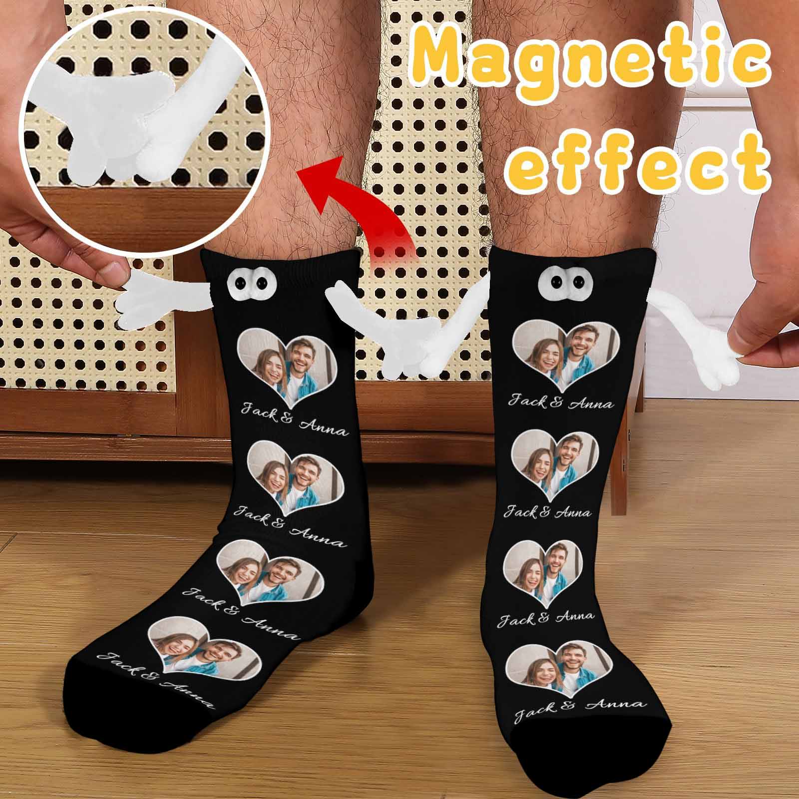 Custom Photo&amp;Name Magnetic Holding Hands Socks Suction Funny Big Eye Socks Couple Valentine&