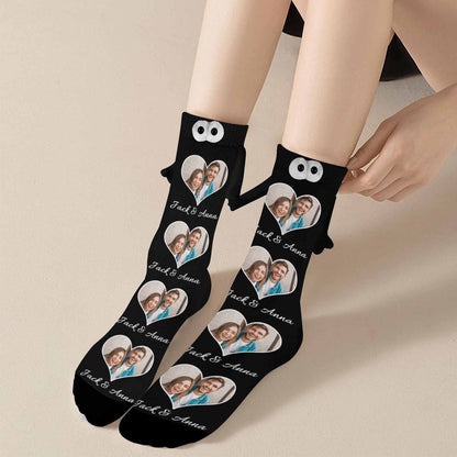 Custom Photo&amp;Name Magnetic Holding Hands Socks Suction Funny Big Eye Socks Couple Valentine&