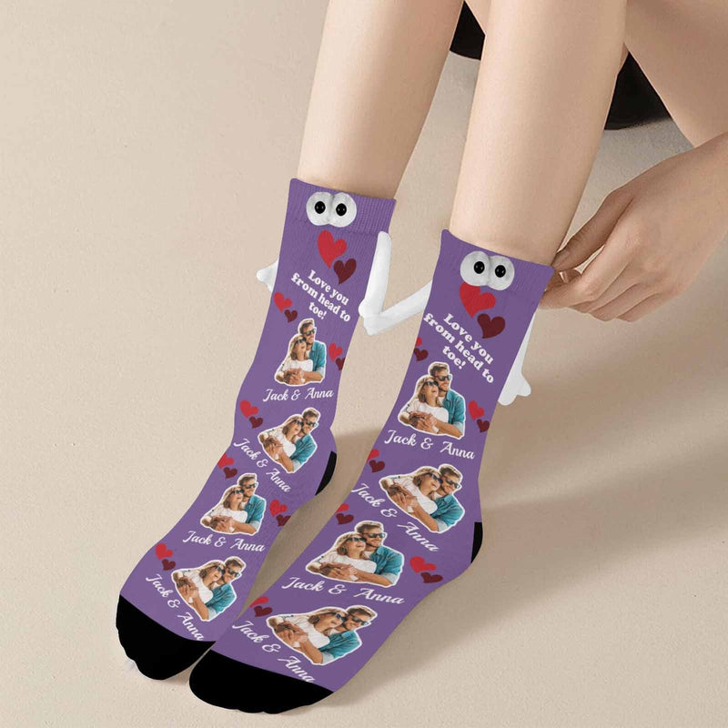 Custom Photo&Name Magnetic Holding Hands Socks Suction Funny Big Eye Socks Couple Valentine's Day Gift Love You From Head to Toe