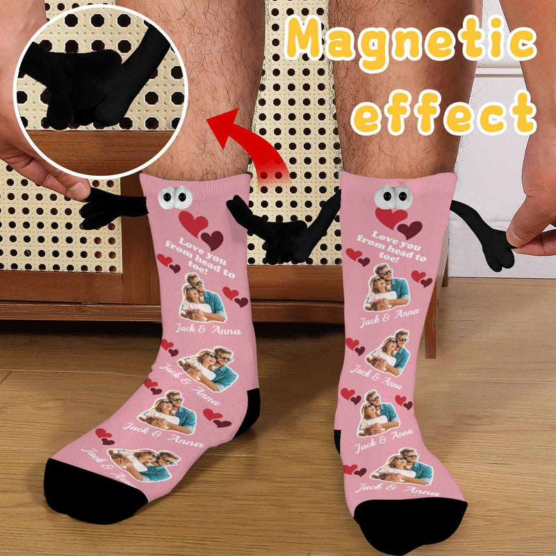 Custom Photo&Name Magnetic Holding Hands Socks Suction Funny Big Eye Socks Couple Valentine's Day Gift Love You From Head to Toe