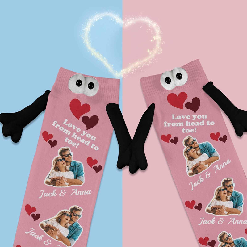 Custom Photo&Name Magnetic Holding Hands Socks Suction Funny Big Eye Socks Couple Valentine's Day Gift Love You From Head to Toe