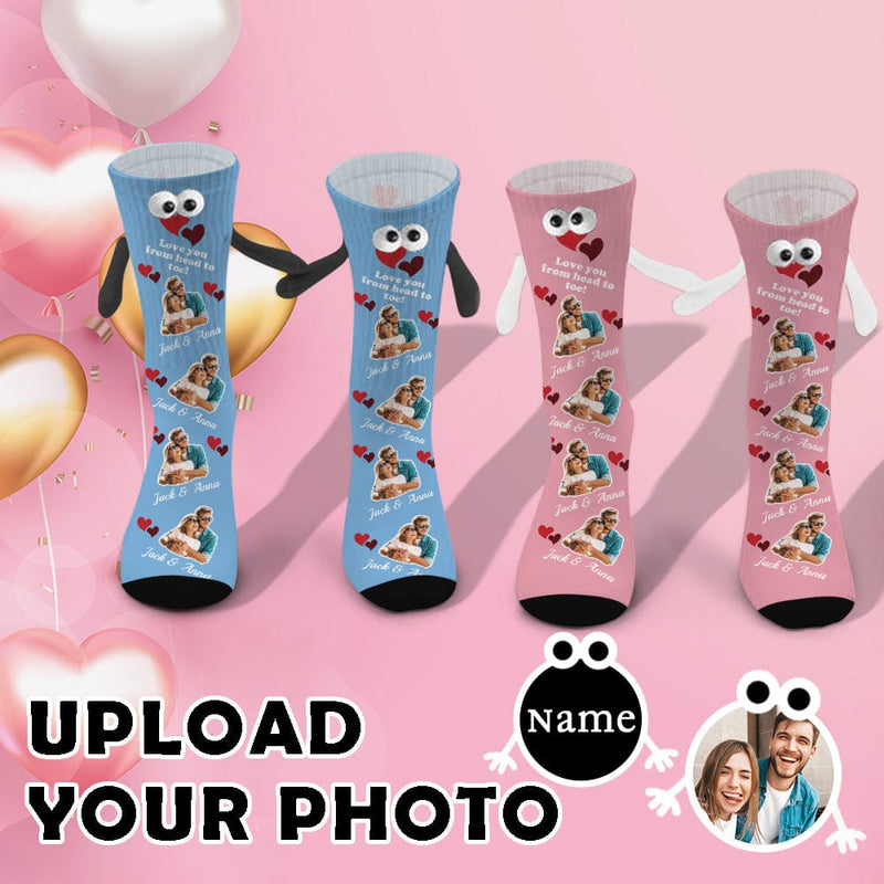 Custom Photo&Name Magnetic Holding Hands Socks Suction Funny Big Eye Socks Couple Valentine's Day Gift Love You From Head to Toe