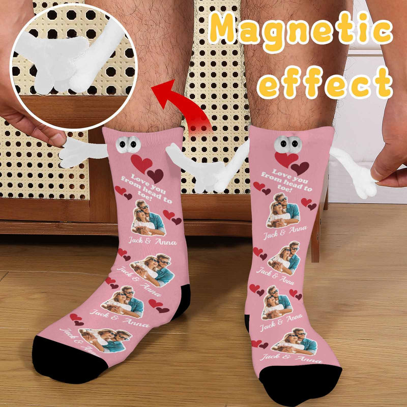 Custom Photo&Name Magnetic Holding Hands Socks Suction Funny Big Eye Socks Couple Valentine's Day Gift Love You From Head to Toe