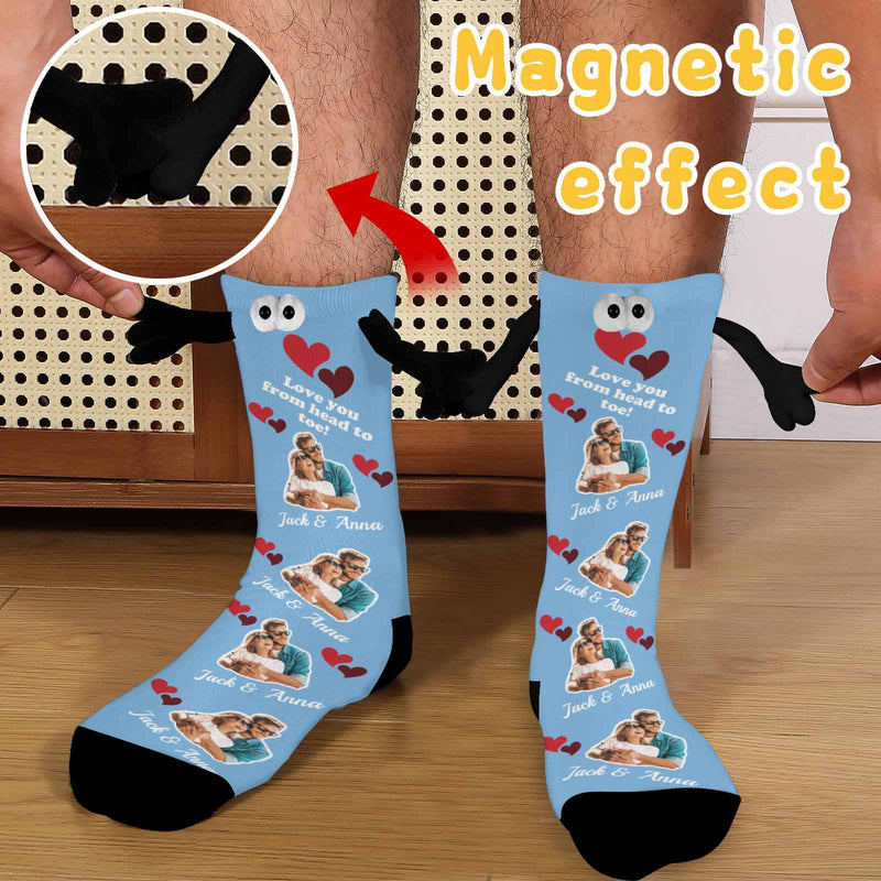 Custom Photo&Name Magnetic Holding Hands Socks Suction Funny Big Eye Socks Couple Valentine's Day Gift Love You From Head to Toe