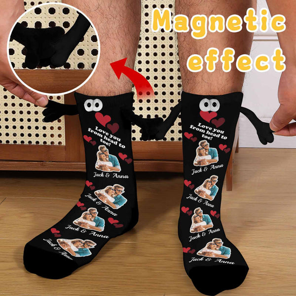 Custom Photo&Name Magnetic Holding Hands Socks Suction Funny Big Eye Socks Couple Valentine's Day Gift Love You From Head to Toe