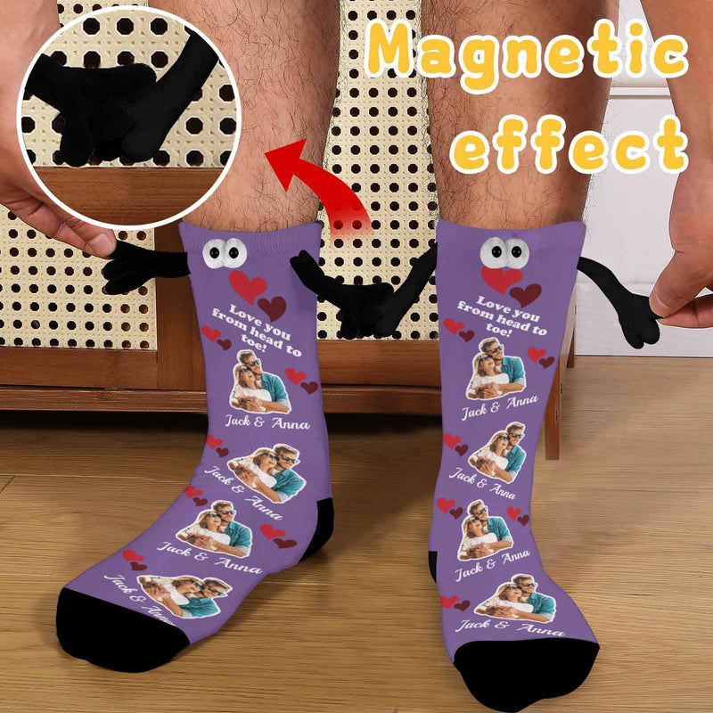 Custom Photo&Name Magnetic Holding Hands Socks Suction Funny Big Eye Socks Couple Valentine's Day Gift Love You From Head to Toe