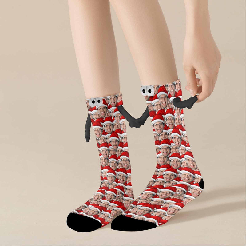 Custom Seamless Face Christmas Hat Magnetic Holding Hands Socks Suction Funny Big Eye Socks