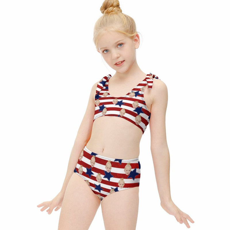 Custom Face American Flag Kid's Strap Swimsuit Put Your Face on Custom Swimwear