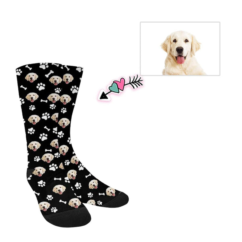 Kids Custom Socks Printed With Picture Personalized Dog Face Bone Footprint Black Kid's Socks