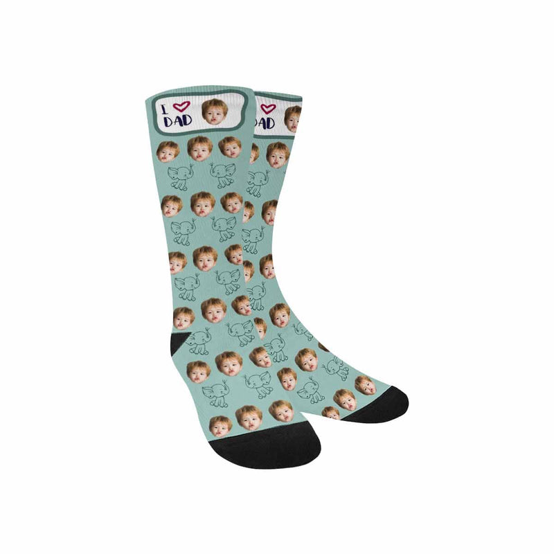 Fathers Day Socks With Custom Face I love Dad Green Background Personalized Kid's Socks Gift For Australian Father's Day