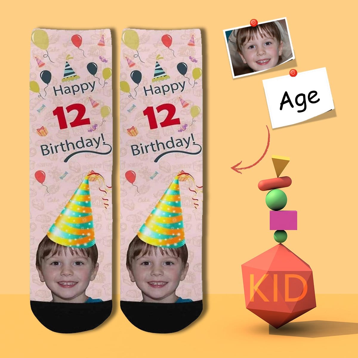 Kids Custom Socks Printed With Face&amp;Text Happy Birthday Kid&