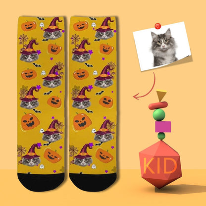 Kids Custom Socks Printed With Pet Face Personalized Wizard Cat Kid&