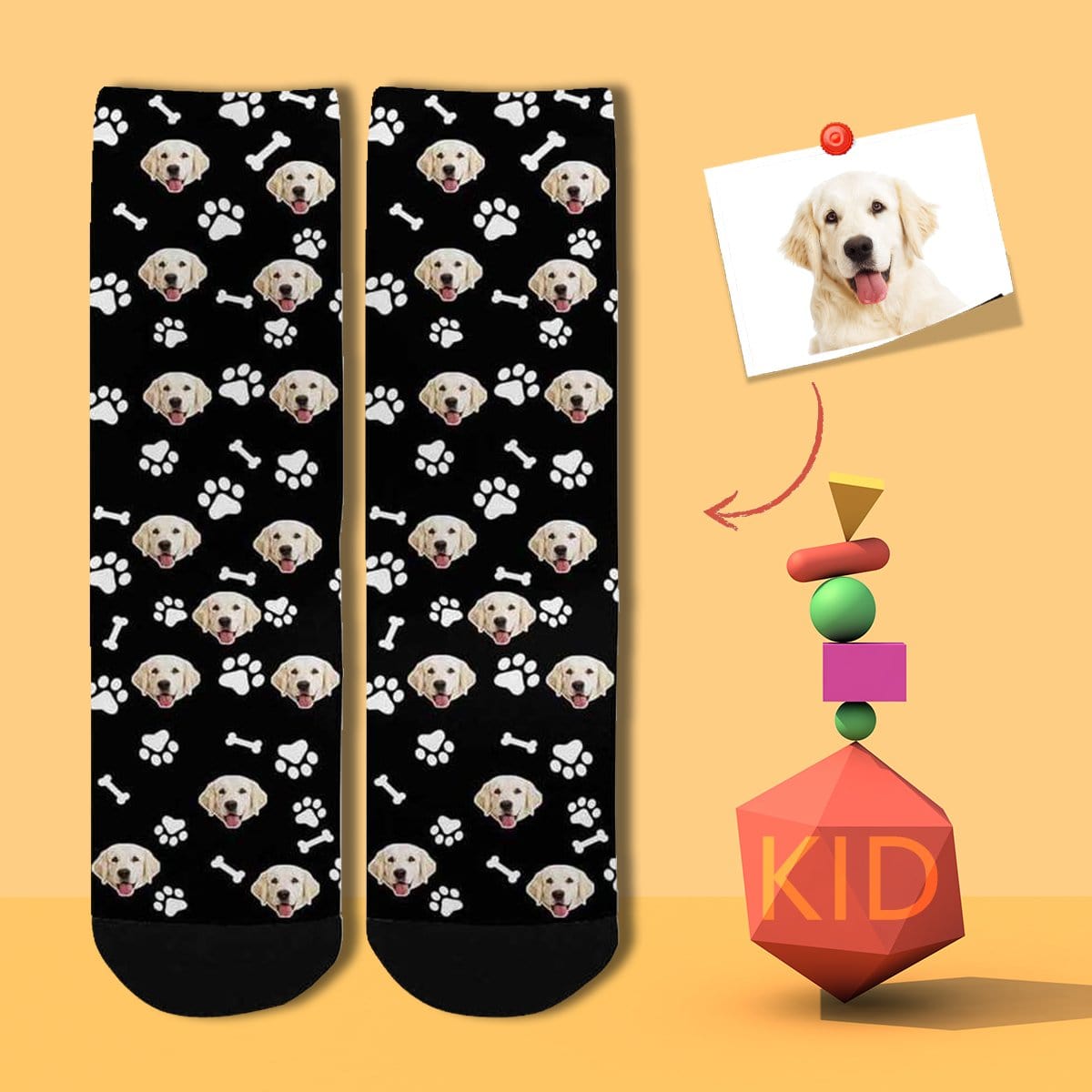 Kids Custom Socks Printed With Picture Personalized Dog Face Bone Footprint Black Kid&