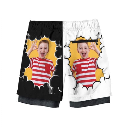 Custom Face Kid's 2 in 1 Sport Shorts Personalized Clouds Drawstring Trunk for 5-12 Years Boy