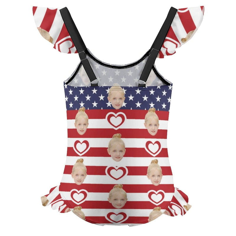 Custom Face American Flag Girls' Swimsuit One Piece Swimwear For Kids 6-12years