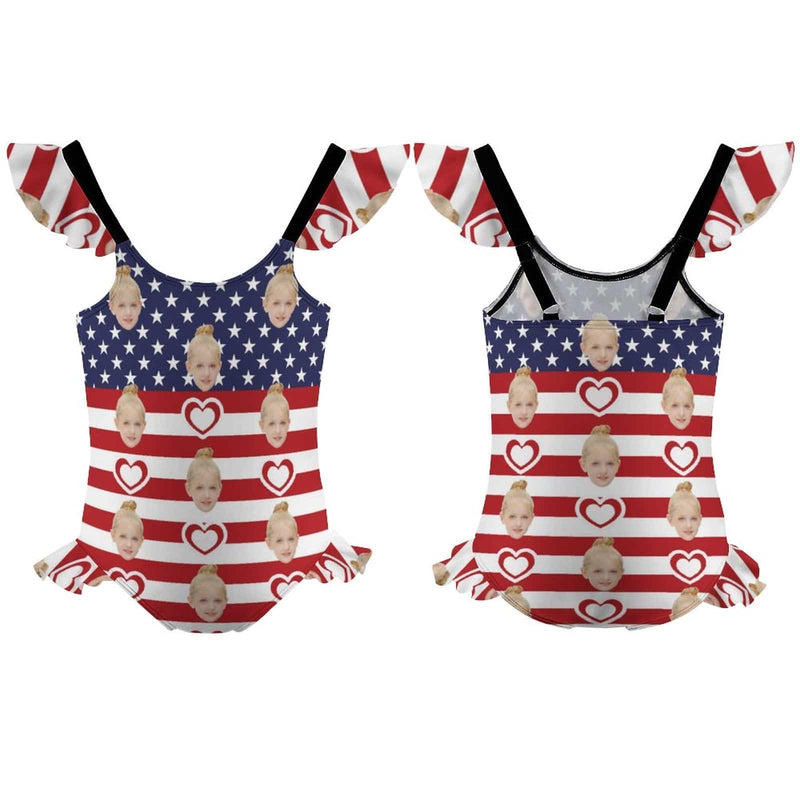 Custom Face American Flag Girls' Swimsuit One Piece Swimwear For Kids 6-12years