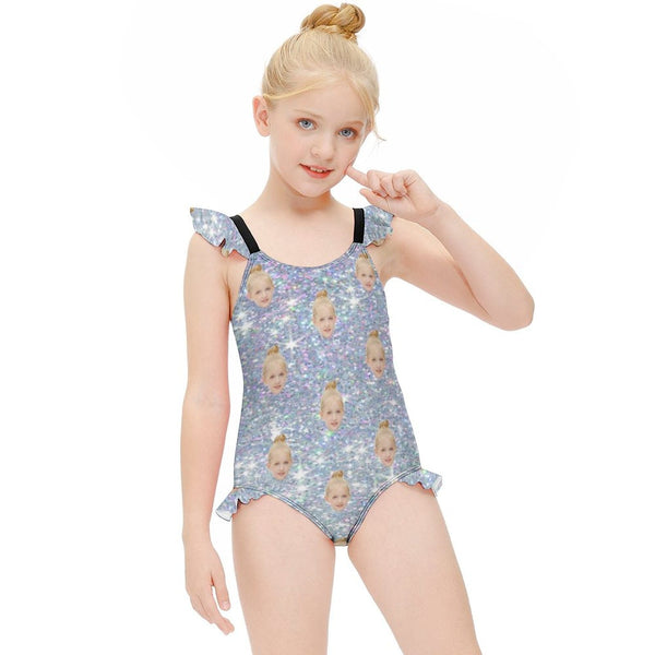 Custom Face Bling Bling Girls' Swimsuit One Piece Swimwear For Kids 6-12years