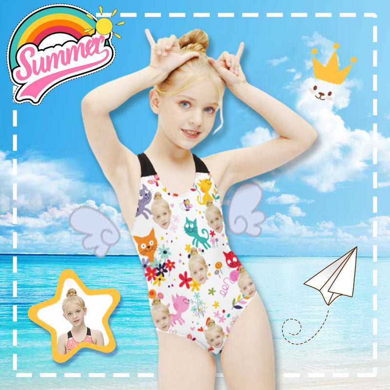 Custom Face Cartoon Cat Kid's Swimsuit For Kids 6-12 Years