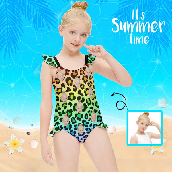 Custom Face Leopard Girls' Swimsuit One Piece Swimwear For Kids 6-12years