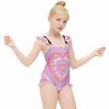 Custom Face Pink Heart Girls' Swimsuit One Piece Swimwear For Kids 6-12years