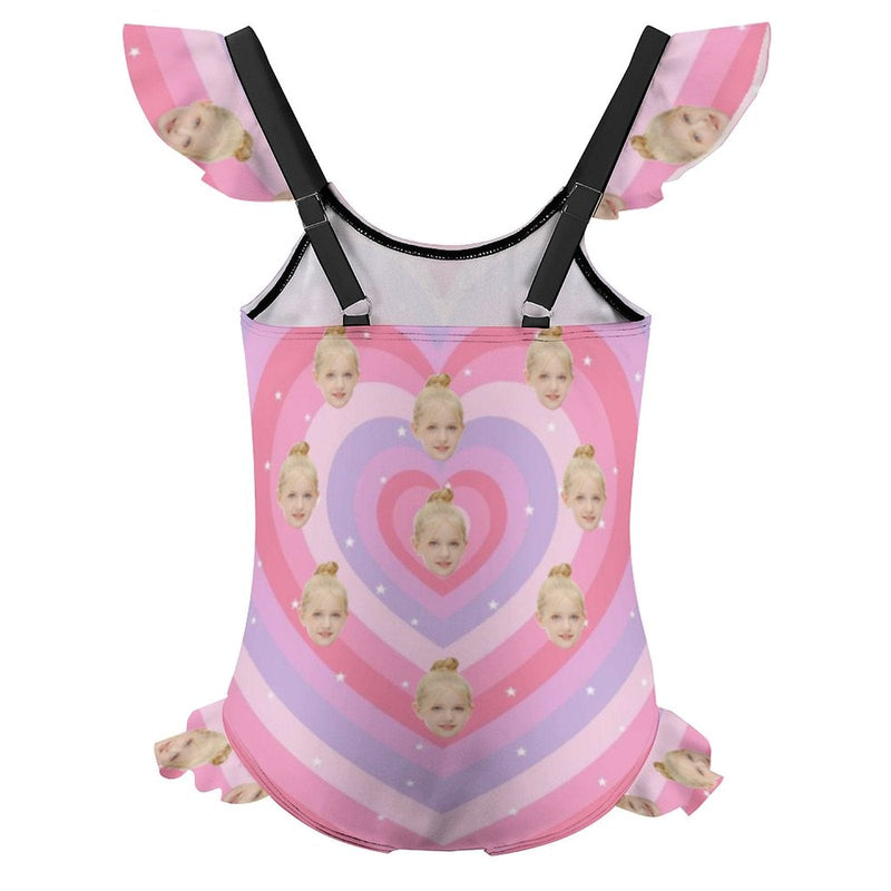 Custom Face Pink Heart Girls' Swimsuit One Piece Swimwear For Kids 6-12years