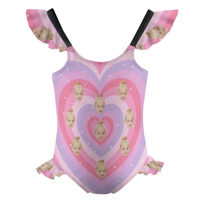 Custom Face Pink Heart Girls' Swimsuit One Piece Swimwear For Kids 6-12years